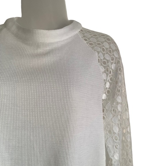 MIHOLL Tops - MIHOLL White Mock Neck‎ Waffle Knit Dainty Boho Lace Sleeve Blouse Top Women's M
